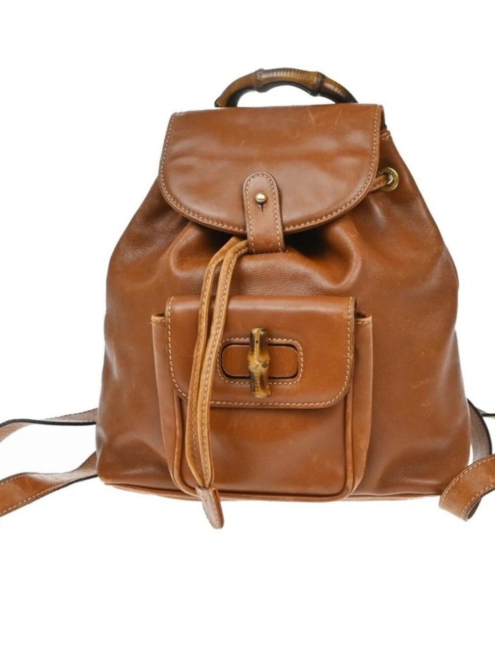 GUCCI Logo Bamboo Drawstring Mini Backpack Bag Leather Brown GHW Italy 64YH955